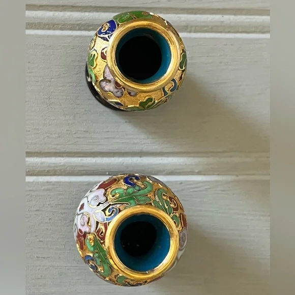 Vintage Miniature Cloisonne Style Gold Tone‎ Background Floral Vases With Bases - Picture 3 of 9